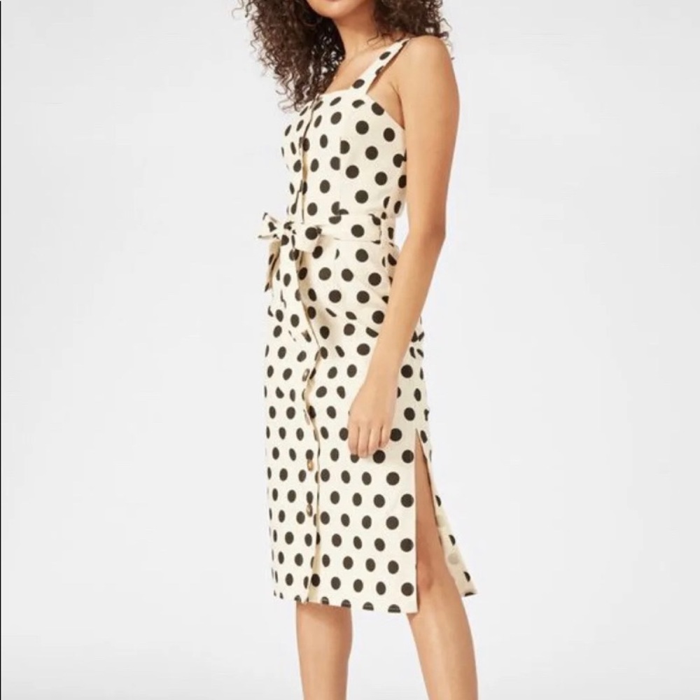 NWT JustFab Polka Dot Midi Dress | Cream Button Front Belted Side Slit Dress